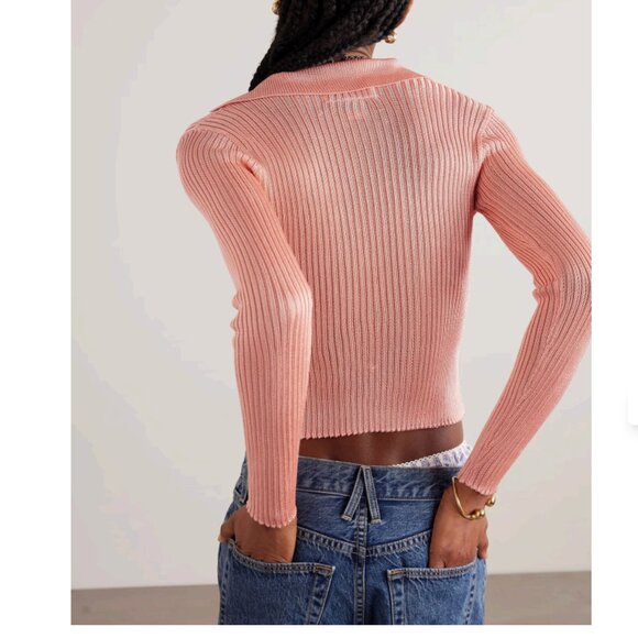 CALLE DEL MAR by Aza Ziegler Made in USA Ribbed-knit cardigan Pink Sz Large - Picture 3 of 8